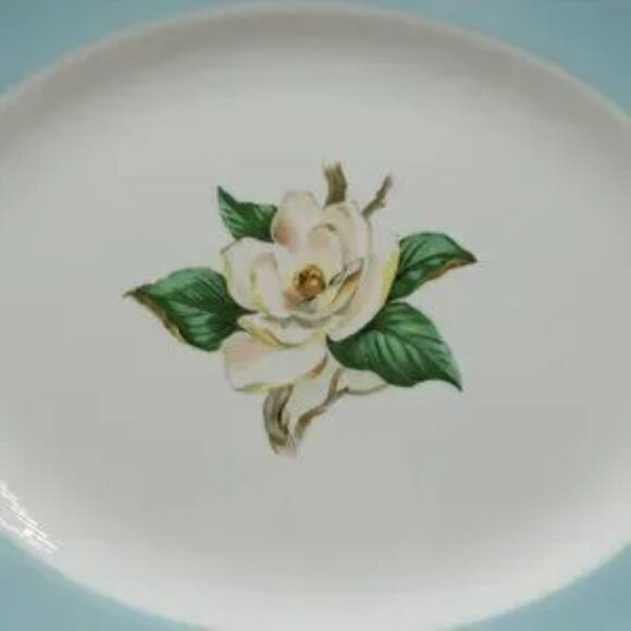 MCM VTG Homer Laughlin Lifetime China Turquoise Magnolia Pattern Oval Platter - Picture 2 of 8